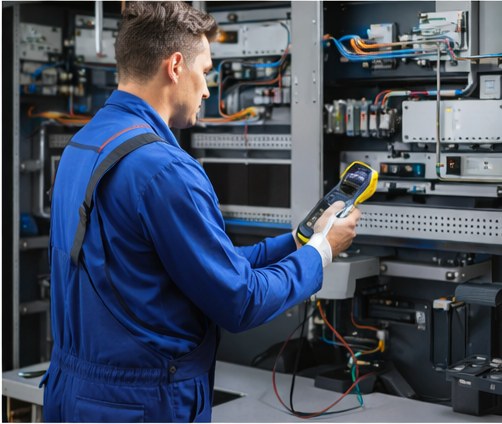Técnico realizando mantenimiento en panel eléctrico